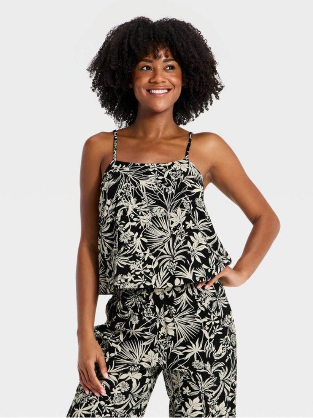 Women's Linen Cami - A New Day Black Floral S